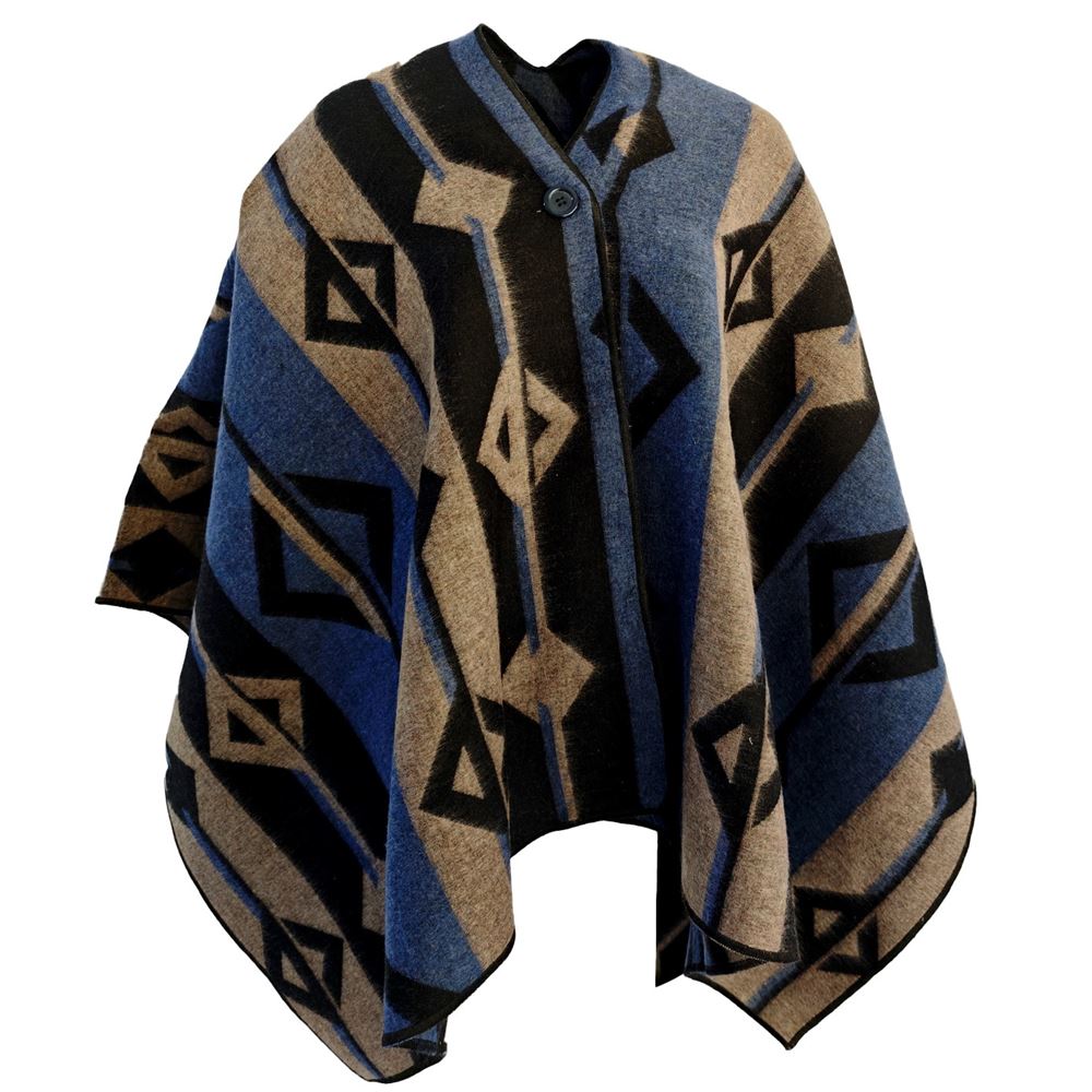 Blue Beige Black Unisex Ethnic Camper Poncho