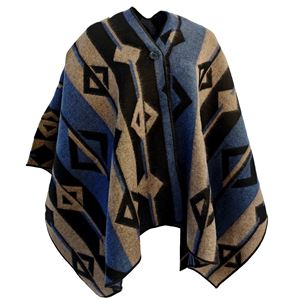 Blue Beige Black Unisex Ethnic Camper Poncho