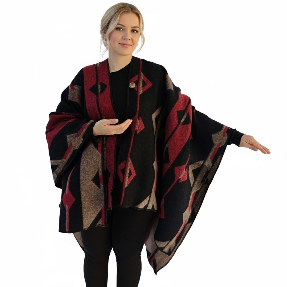 Red Beige Black Unisex Ethnic Camper Poncho