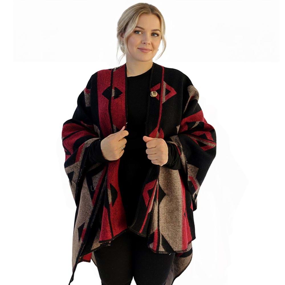 Red Beige Black Unisex Ethnic Camper Poncho