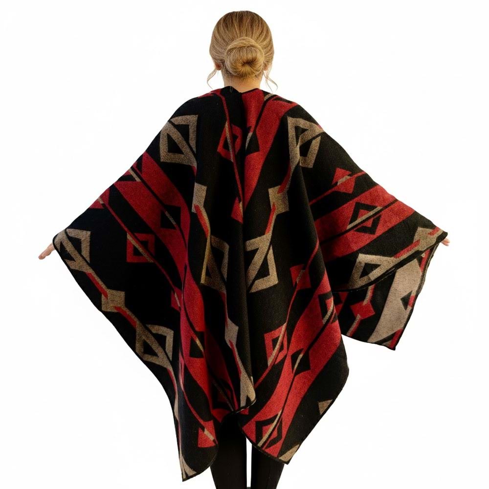 Red Beige Black Unisex Ethnic Camper Poncho
