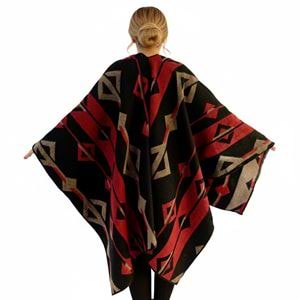 Red Beige Black Unisex Ethnic Camper Poncho