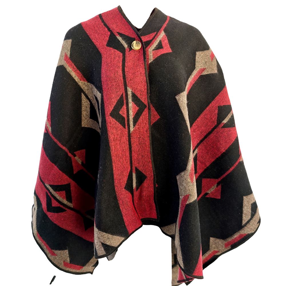 Red Beige Black Unisex Ethnic Camper Poncho