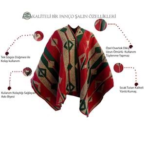 Red Beige Black Unisex Ethnic Camper Poncho
