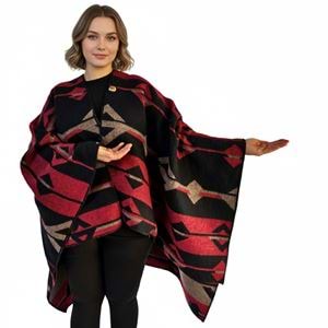 Red Beige Black Unisex Ethnic Camper Poncho