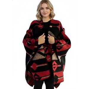 Red Beige Black Unisex Ethnic Camper Poncho
