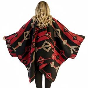 Red Beige Black Unisex Ethnic Camper Poncho