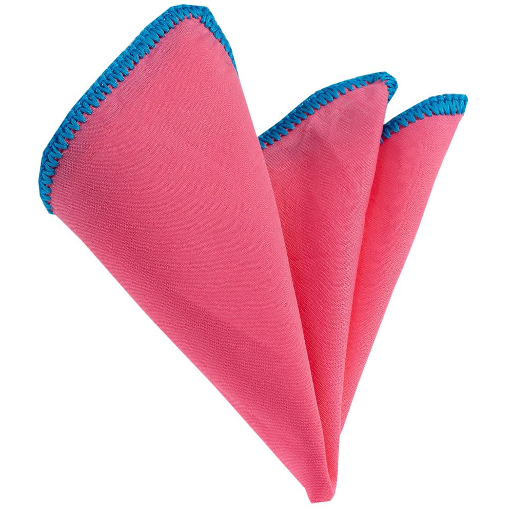 Pink Natural Linen Handmade Signature Border Pocket Square