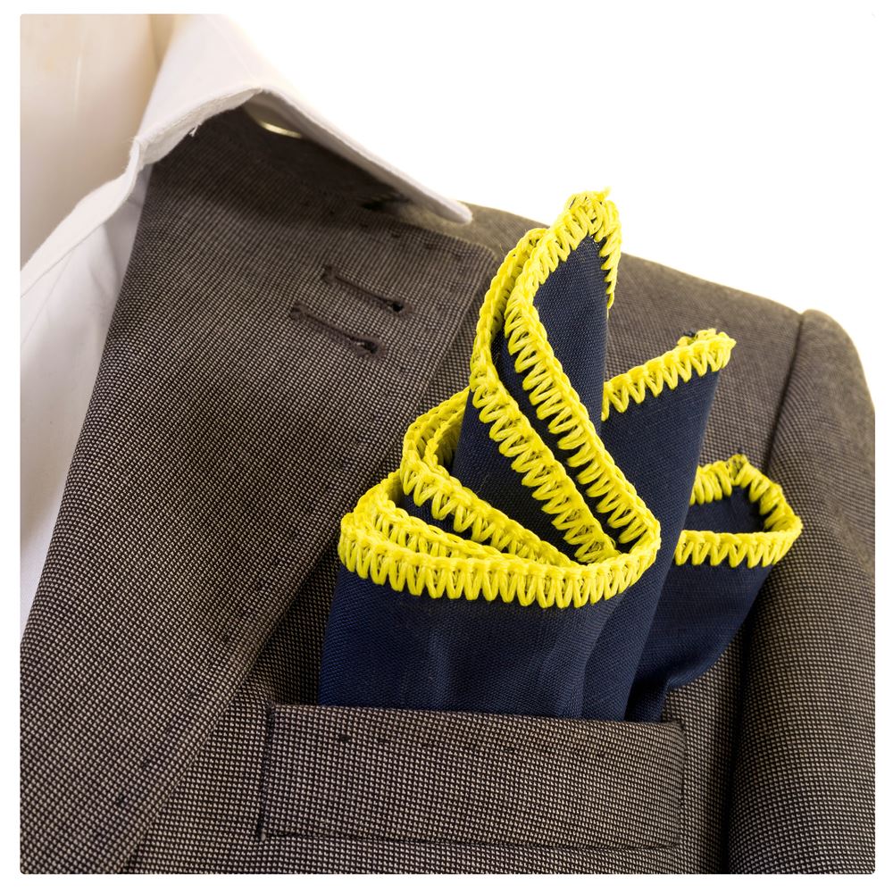 Navy Linen with Handcrafted Knit Signature Border Pocket Square