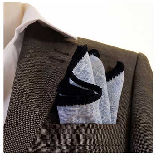 Blue Linen with Handcrafted Knit Signature Border Pocket Square