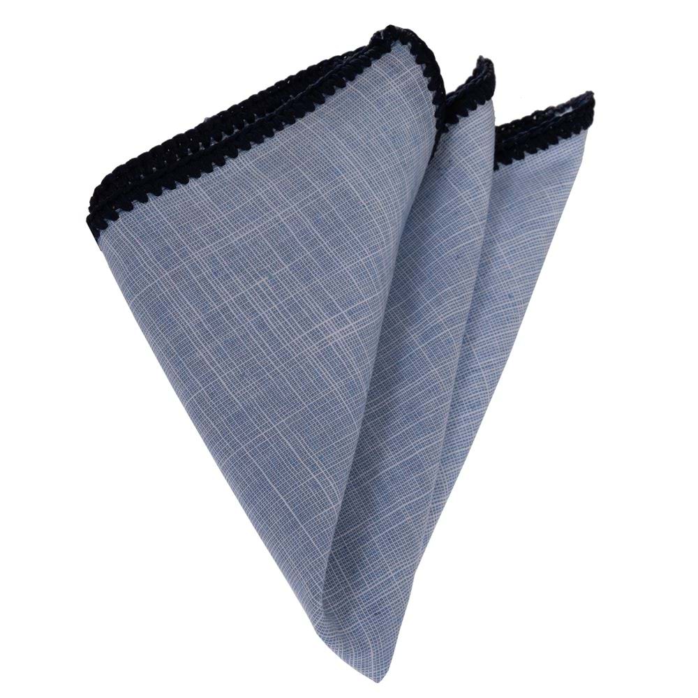 Blue Linen with Handcrafted Knit Signature Border Pocket Square