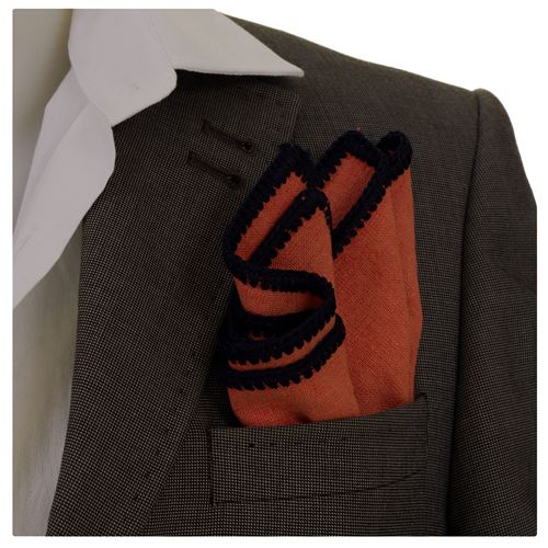 Orange Linen with Handcrafted Knit Signature Border Pocket Square