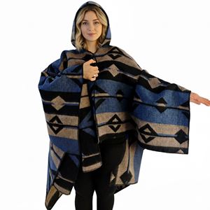 Blue Beige Black Hooded Unisex Ethnic Camper Poncho