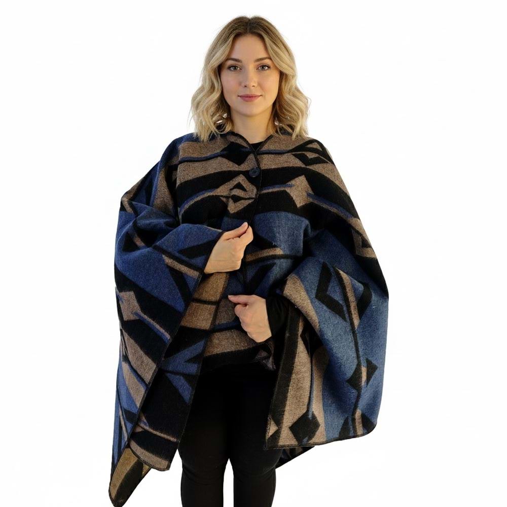 Blue Beige Black Hooded Unisex Ethnic Camper Poncho
