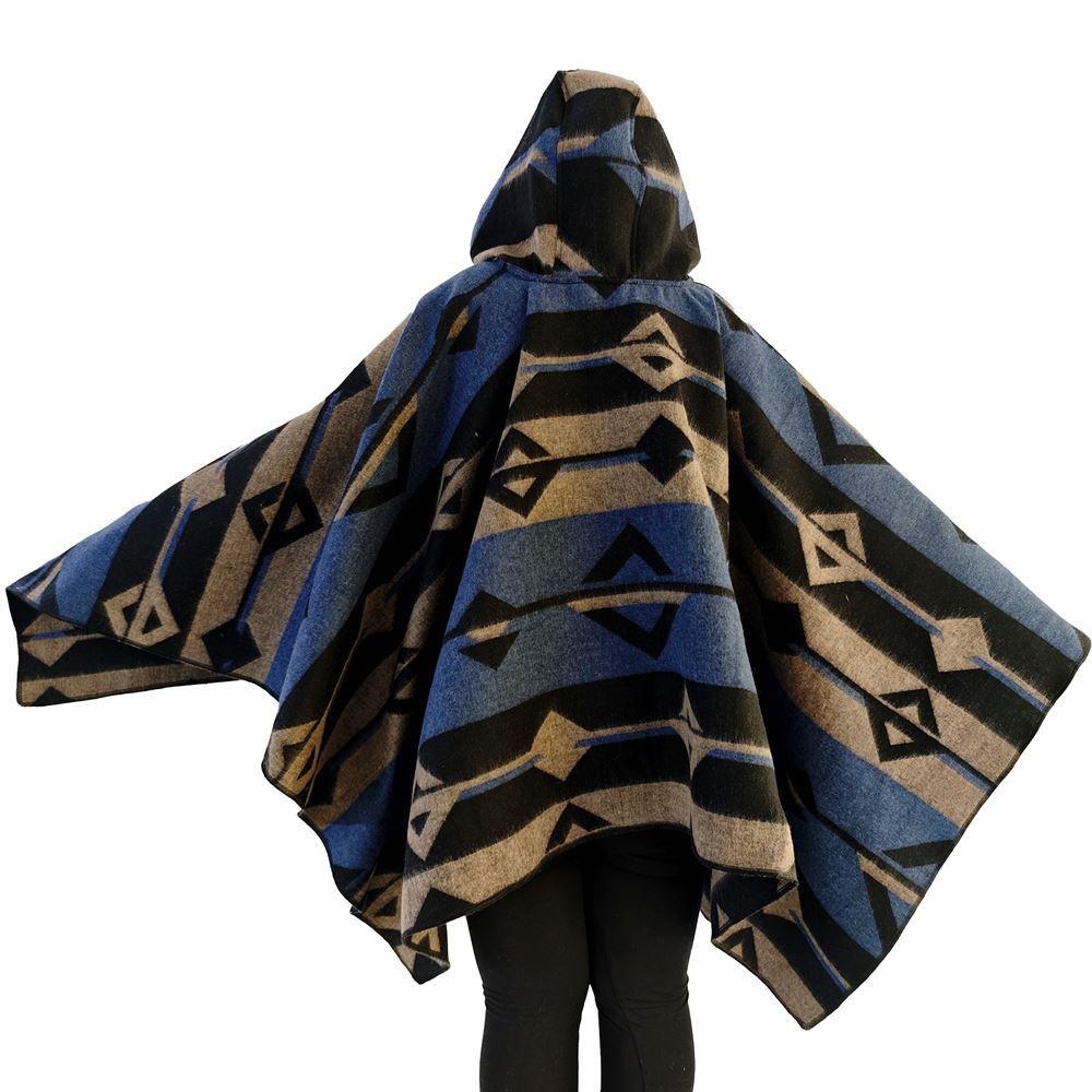 Blue Beige Black Hooded Unisex Ethnic Camper Poncho