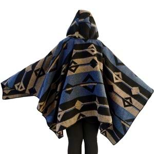 Blue Beige Black Hooded Unisex Ethnic Camper Poncho
