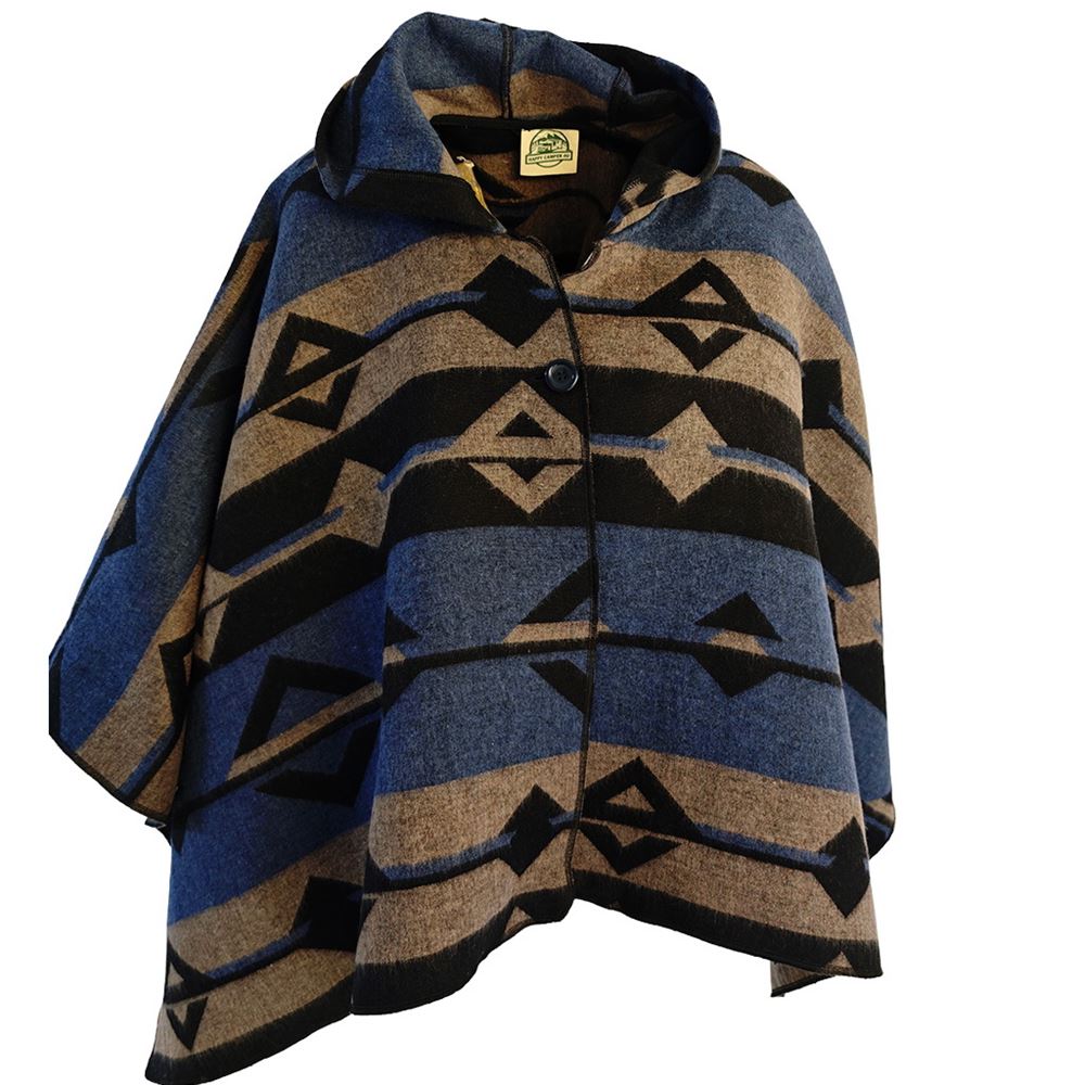 Blue Beige Black Hooded Unisex Ethnic Camper Poncho