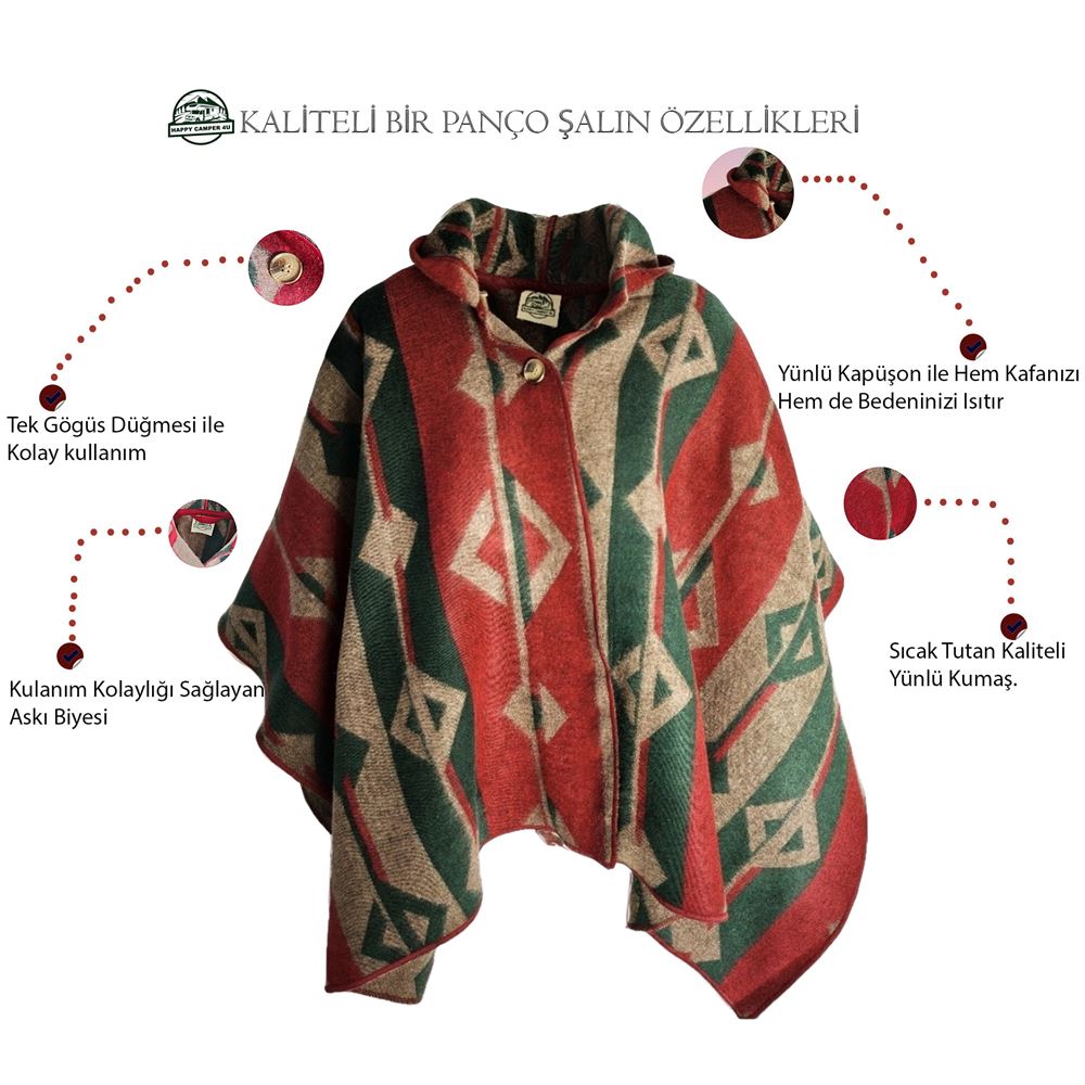 Blue Beige Black Hooded Unisex Ethnic Camper Poncho