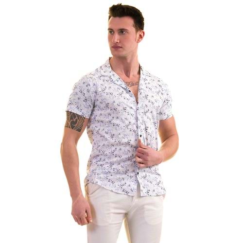 Blue Leaves on White Cotton Men's Short Sleeves Shirt