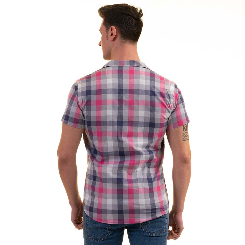 Gray Pink Navy Plaid Men's Short Sleeves Shirt