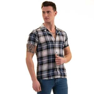 Navy Gray White Plaid Men's Short Sleeves Shirt