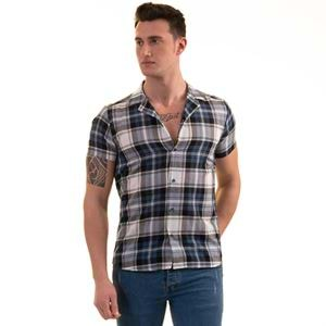 Navy Gray White Plaid Men's Short Sleeves Shirt