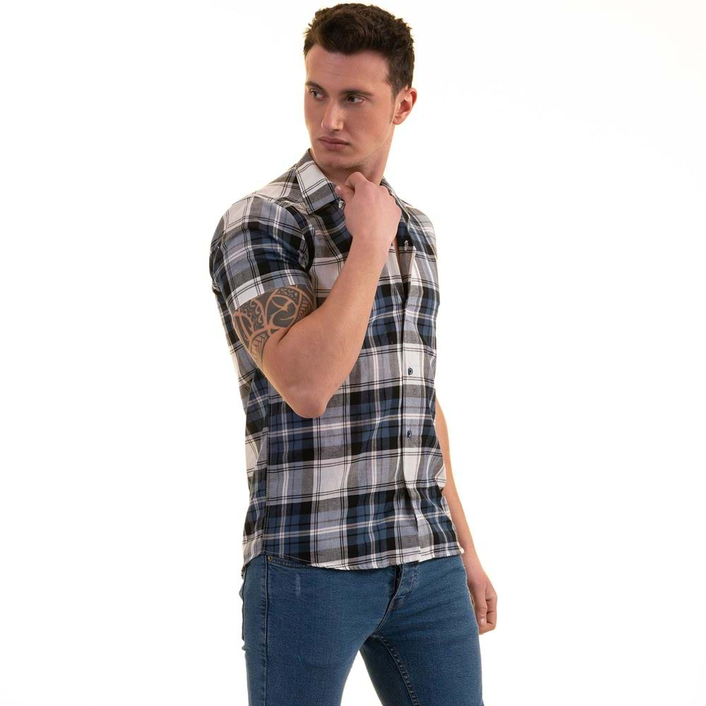 Navy Gray White Plaid Men's Short Sleeves Shirt