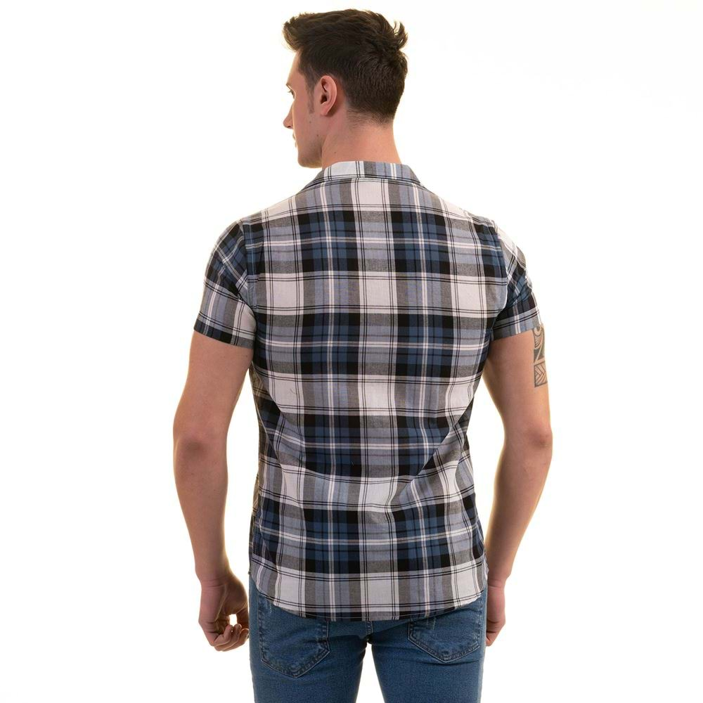 Navy Gray White Plaid Men's Short Sleeves Shirt