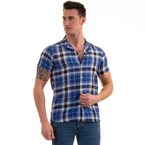 Blue Navy White Plaid Men's Short Sleeves Shirt