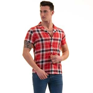 Red Black White Plaid Men's Short Sleeves Shirt
