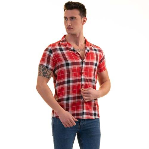 Red Black White Plaid Men's Short Sleeves Shirt