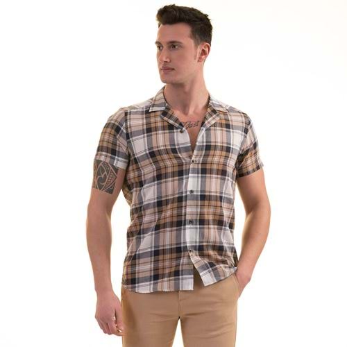 Beige Navy White Plaid Men's Short Sleeves Shirt