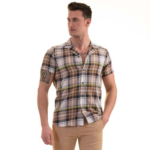 Blue Brown Yellow Plaid Men's Short Sleeves Shirt