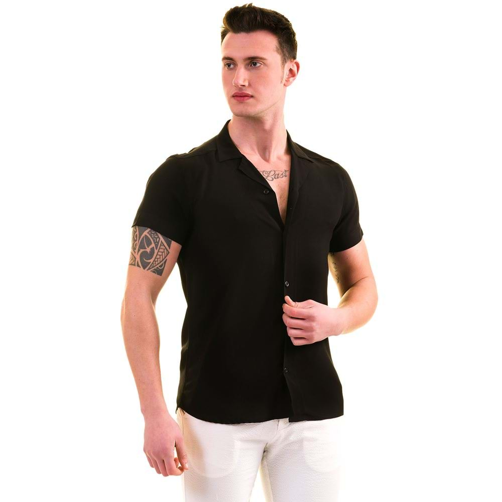 Black Basic Viscose Men's Short Sleeves Shirt