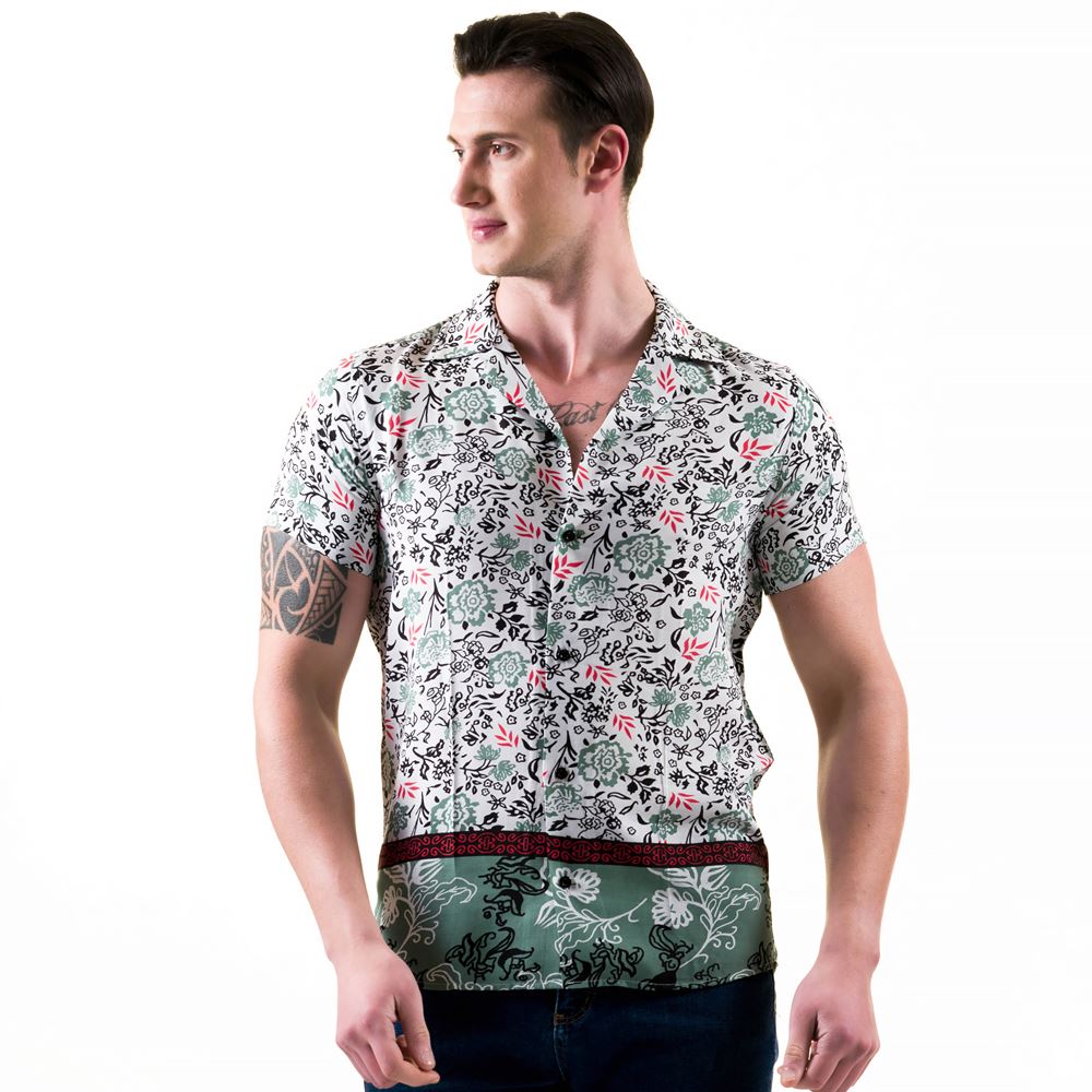 Khaki Green Floral Printed Special Cut Men's Camp Collar Short Sleeves Shirt