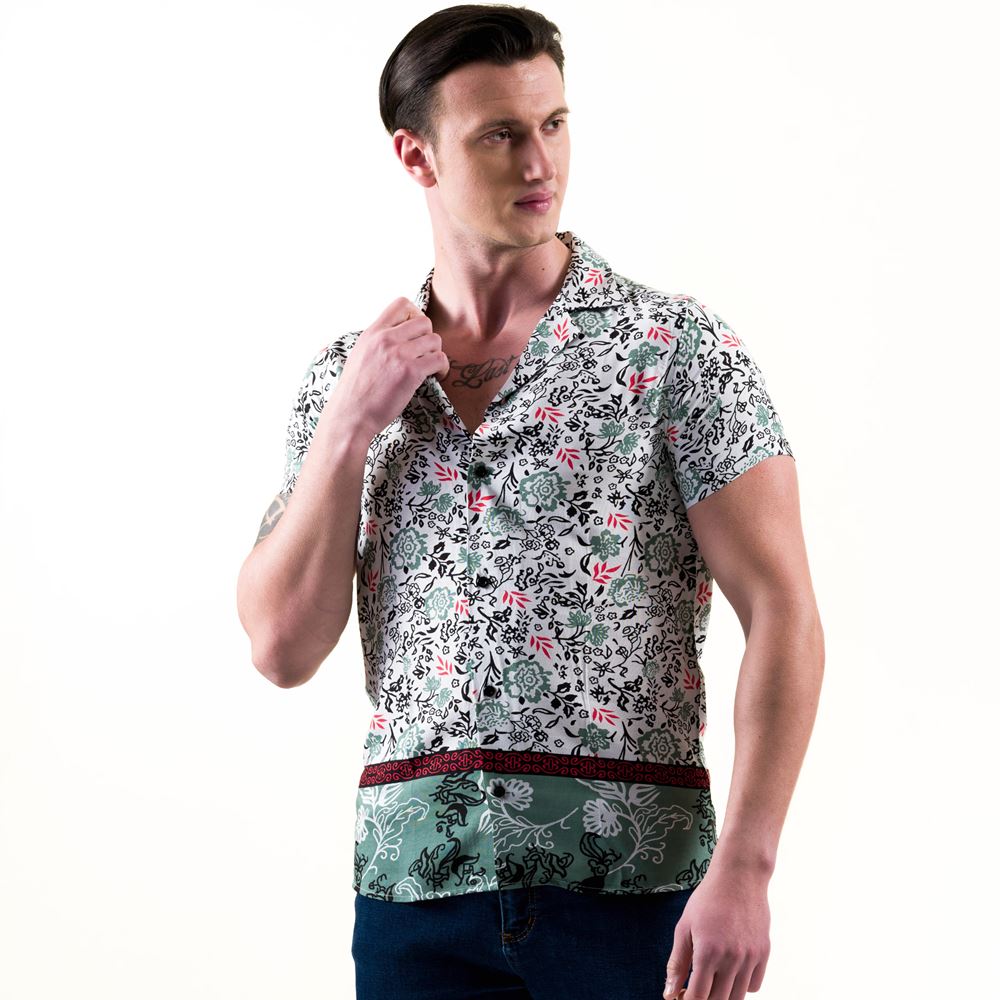 Khaki Green Floral Printed Special Cut Men's Camp Collar Short Sleeves Shirt