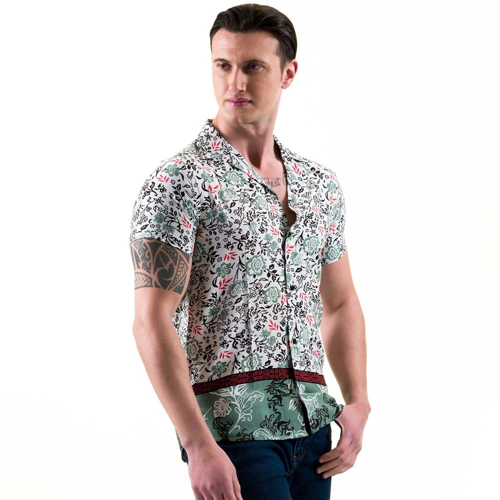 Khaki Green Floral Printed Special Cut Men's Camp Collar Short Sleeves Shirt