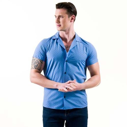 Blue with Navy Geometric Printed Men's Camp Collar Short Sleeves Shirt