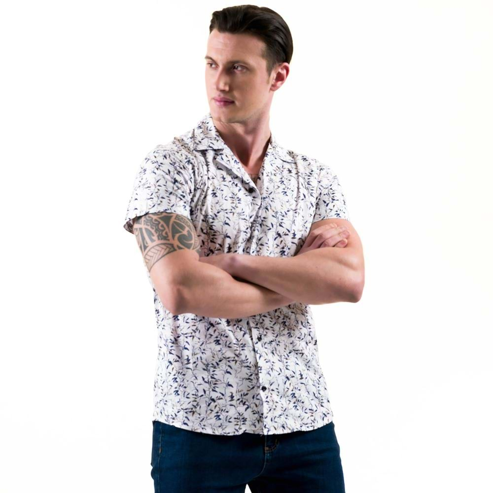 Brown and Navy Floral Men's Camp Collar Short Sleeves Shirt