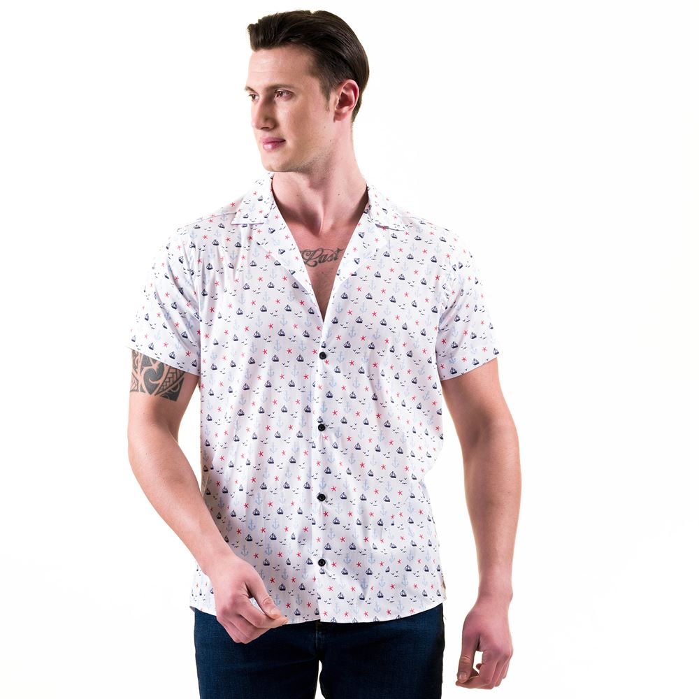 Brown and Navy Floral Men's Camp Collar Short Sleeves Shirt