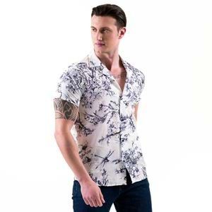 Beige Blue Screen Print Art Designer Men's Camp Collar Vacation Shirt