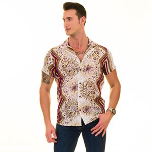 Beige with Purple Designer Made Vual Cotton Men's Camp Collar Short Sleeves Shirt