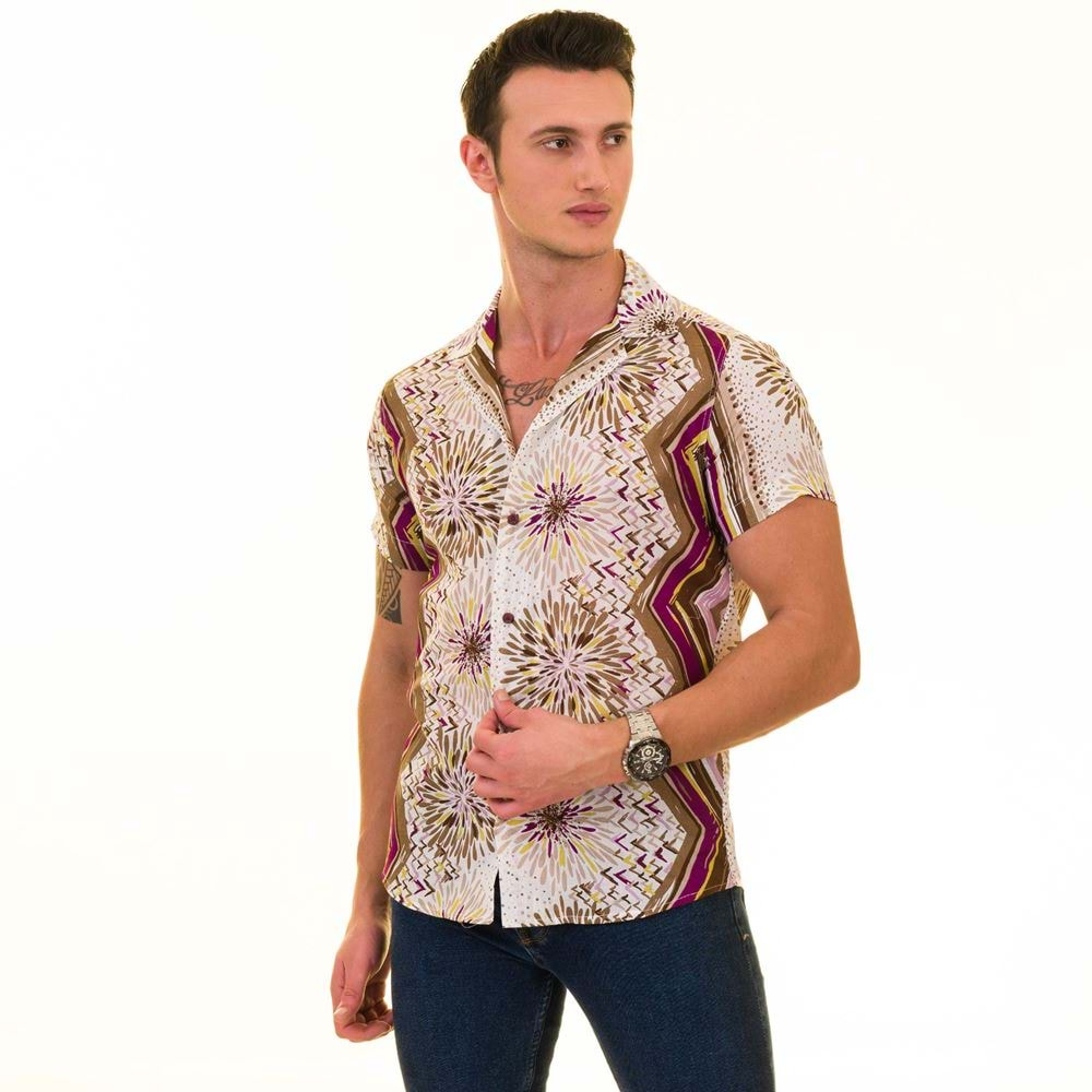 Beige with Purple Designer Made Vual Cotton Men's Camp Collar Short Sleeves Shirt