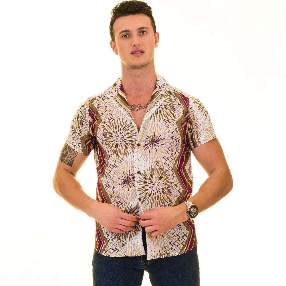 Beige with Purple Designer Made Vual Cotton Men's Camp Collar Short Sleeves Shirt