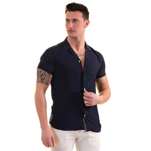 Navy Solid Men's Camp Collar Vacation Shirt