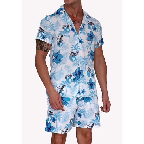 Blue White Tropical Men's Hawaiian Summer Shirt and Short Set
