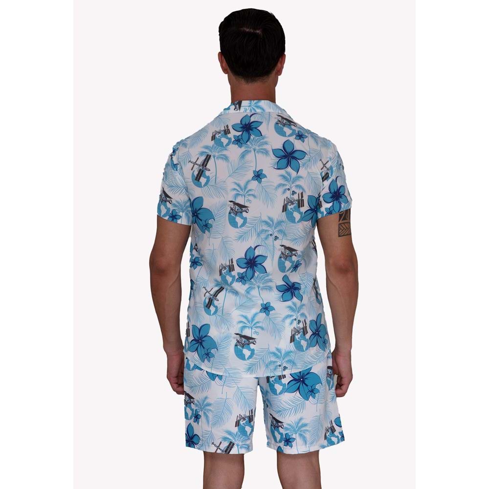 Blue White Tropical Men's Hawaiian Summer Shirt and Short Set