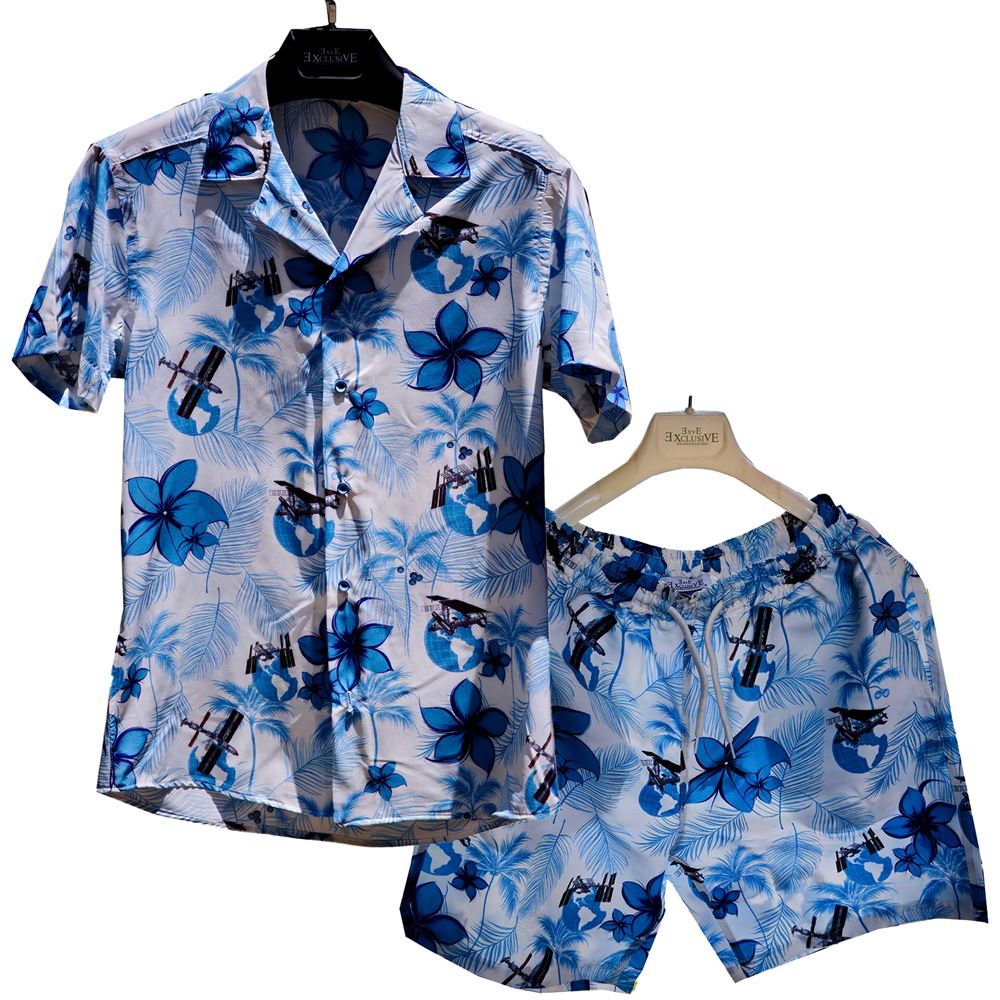 Blue White Tropical Men's Hawaiian Summer Shirt and Short Set