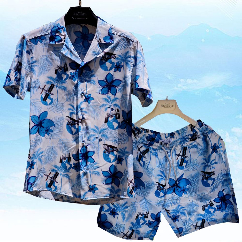 Blue White Tropical Men's Hawaiian Summer Shirt and Short Set