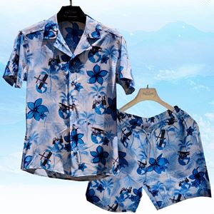 Blue White Tropical Men's Hawaiian Summer Shirt and Short Set
